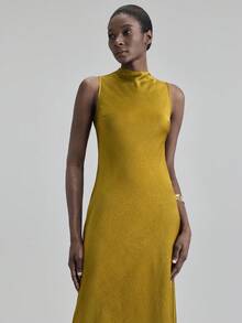 Ontre 2025秋冬新款女士户外装教师制服俱乐部装秋冬装女士商务休闲复古风服装优雅通勤连衣裙无袖纹理长裙黄色 - 摩卡棕 - 查看 5