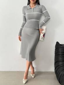 Modelyn 女式条纹装饰高领灰色毛衣 - 淺灰色 - 查看 3