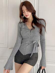 DAZY Sexy Plunging Collar Fitted Elegant Button Tie-Front Cardigan - Grey - View 8