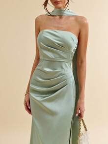 SHEIN BAE 绿色性感吊带露背高开衩优雅缎面鱼尾裙，伴娘裙，缎面裙，性感裙，婚礼宾客服装，春夏 - 綠色 - 查看 7