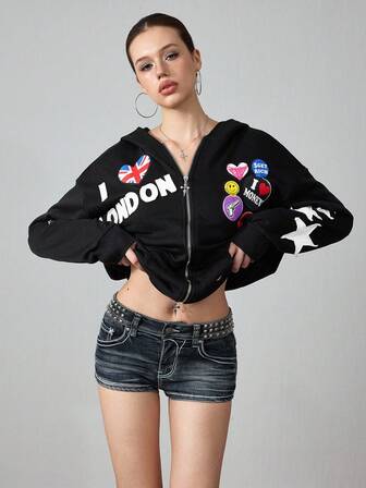 ROMWE Avant Y2K Streetwear Casual American Flag Patch Print Hooded Loose Sweatshirt Sweatshirt For Women