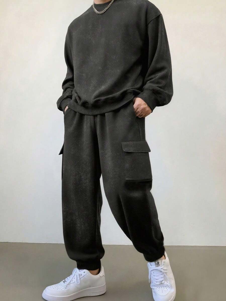 Manfinity Hypemode 男士水洗卫衣套装；工装卫衣裤套装，2000年代风格，秋季服装 - 灰色 - 查看 1