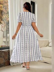 Vionelle Plus Size Women's Elegant Puff Sleeve V-Neck Vintage Print Cinched Waist Midi Dress, Spring/Summer/Autumn - Blue and White - View 2