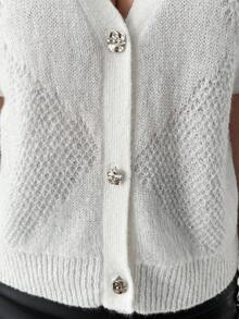 Modelyn Women's Solid Color V-Neck Single-Breasted Batwing Short Sleeve Loose Casual Cardigan Knit Top - White - View 8