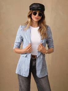 Wildy Women's Elegant Casual Fashion All-Match Old Money Style Black And White Striped Linen Shawl Collar Ruched Three-Quarter Sleeve Blazer Jacket Business Women Clothes Teacher Clothes Striped Blazer Jacket Blazer Jacket Fall Clothes Christmas Women Clothes Professional Clothes Winter Women Outfits Thermal Winter Clothes For Women New Years Women Outfit Winter Clothes Thanksgiving Outfit Women Winter Coat Holiday Outfit - Blue and White - View 1