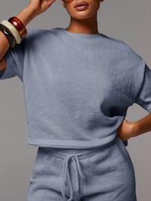 Athîral 女士针织休闲两件套T恤和短裤套装 - 藍色 - 查看 5