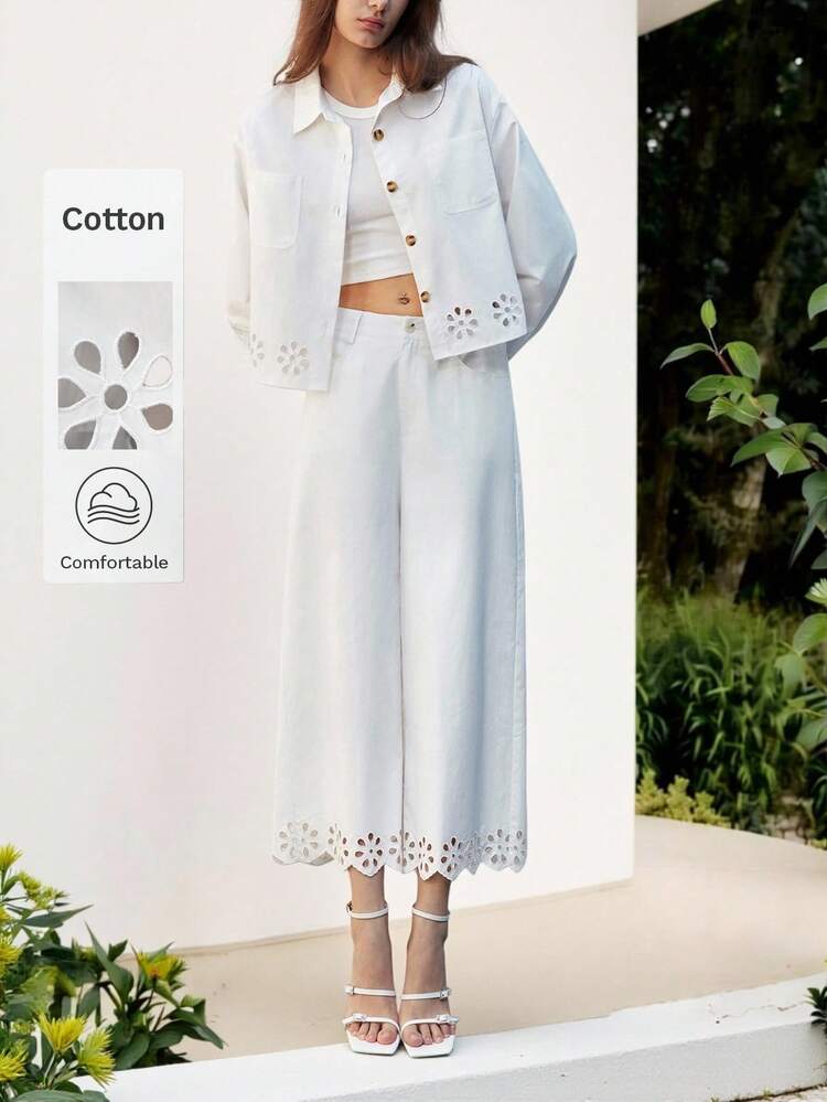 SHEIN Maija 2025 Casual Elegant Classic Embroidered Hem Women's Wide Leg Cargo Pants, Suitable For Winter/Autumn Vacation White Culotte Pants Wide Leg Capri Pants White Capri Pants Eyelet Pants Cutout Hem Pants Cotton Fabric Going Out,Fall For Women,Winter For Women,Winter,Night Out,Going Out Tops Women, Night Out,Date Night,Old Money Style