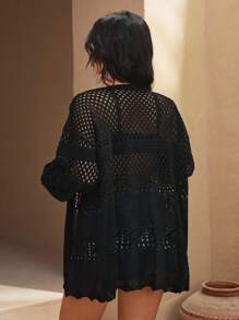 EURMUSE Plus Size Solid Color Crochet Cardigan, Minimalist Fashion Suitable For Summer - Black - View 2