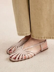 Rosivie 女士方头平底凉鞋，金色 PU 材质，时尚简约设计，适合日常和沙滩穿着 - 杏色 - 查看 4