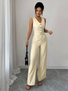 SHEIN Tall 女士休闲无袖背心和阔腿裤套装 - 杏色 - 查看 6