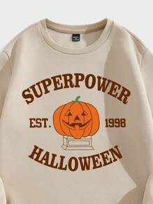 Chillumni Halloween Pumpkin Head & Letter Print Casual Pullover Crew Neck Sweatshirt For Men, Standard Size, Khaki, Halloween Crew Neck Sweatshirt, Halloween Clothes, Crew Neck Sweatshirt