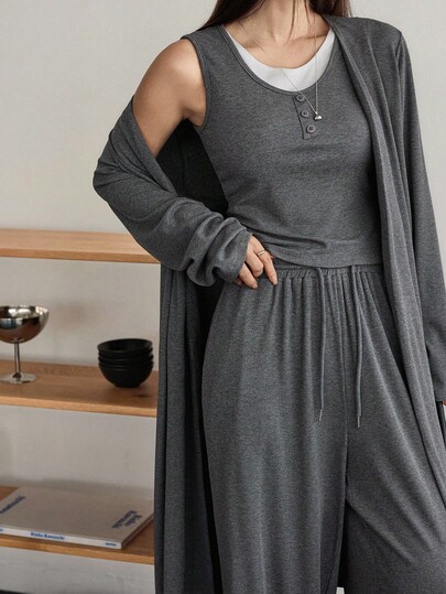 Dazy-Less 3pcs Women Solid Color Basic Camisole, Long Cardigan And Straight Leg Casual Pants Set, Loose Fit Business Casual Outfit For Home Or Outdoor Wear, Autumn/Winter