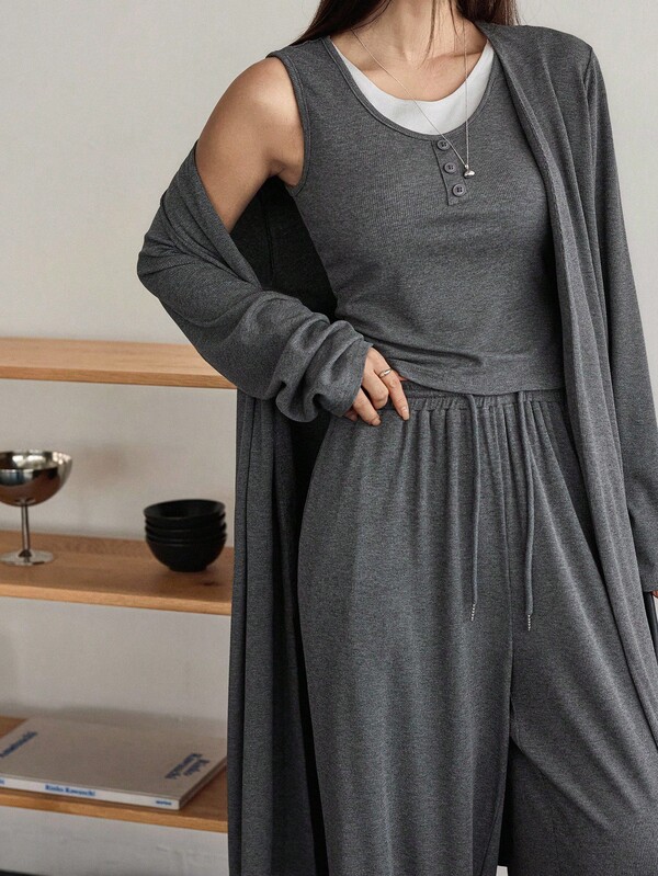 Dazy-Less 3pcs Women Solid Color Basic Camisole, Long Cardigan And Straight Leg Casual Pants Set, Loose Fit Business Casual Outfit For Home Or Outdoor Wear, Autumn/Winter