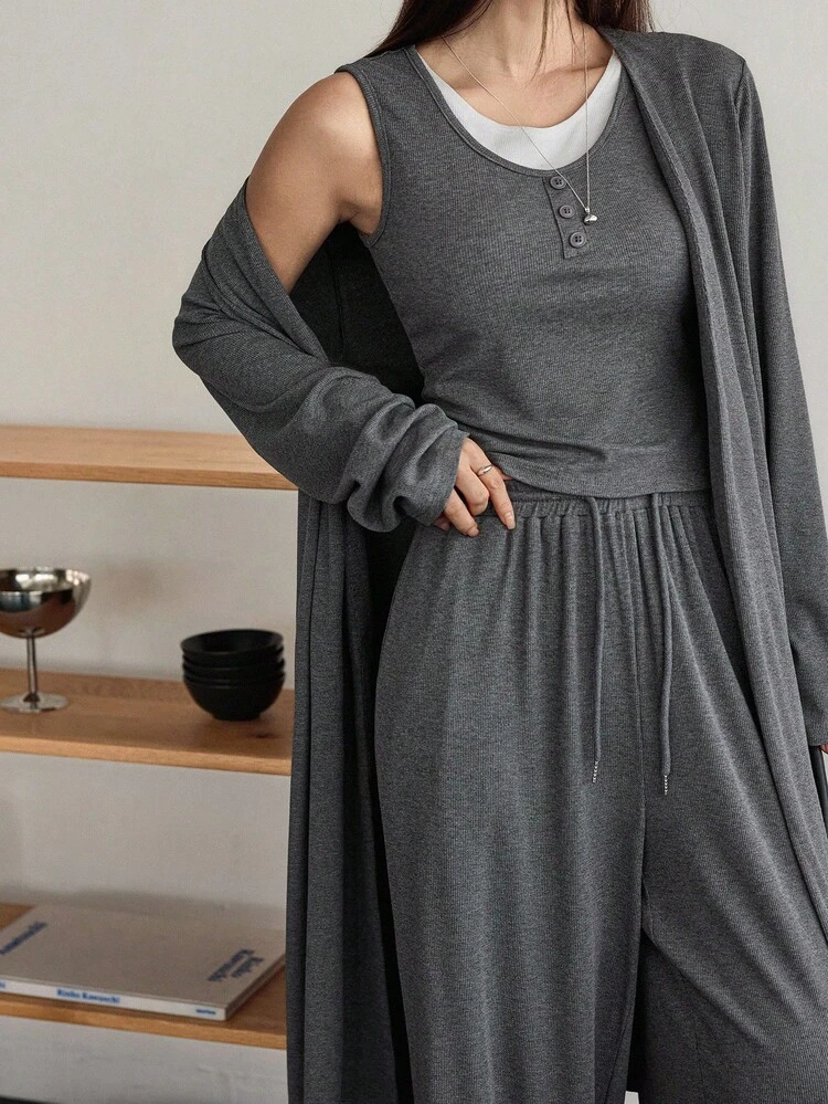 3pcs Women Solid Color Basic Camisole, Long Cardigan And Straight Leg Casual Pants Set, Loose Fit Business Casual Outfit For Home Or Outdoor Wear, Autumn/Winter