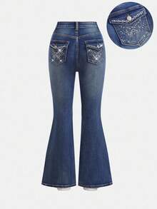 Girlism Teen Girls Casual Washed Rhinestone Embroidered Butterfly Flare Jeans,Back To School Clothes,Fall Kid's  Casual And Comfortable  Wear, 2000s ,Back To School Clothes Winter