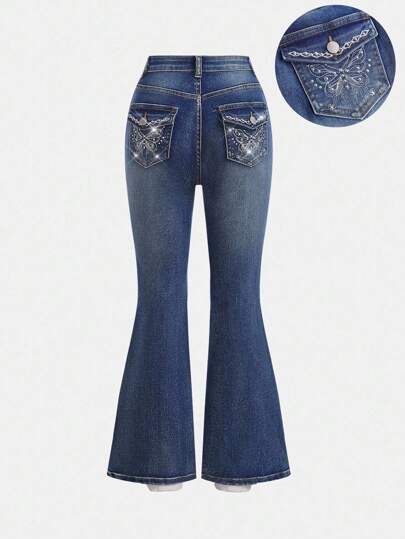 Girlism Teen Girls Casual Washed Rhinestone Embroidered Butterfly Flare Jeans,Back To School Clothes,Fall Kid's  Casual And Comfortable  Wear, 2000s ,Back To School Clothes Winter