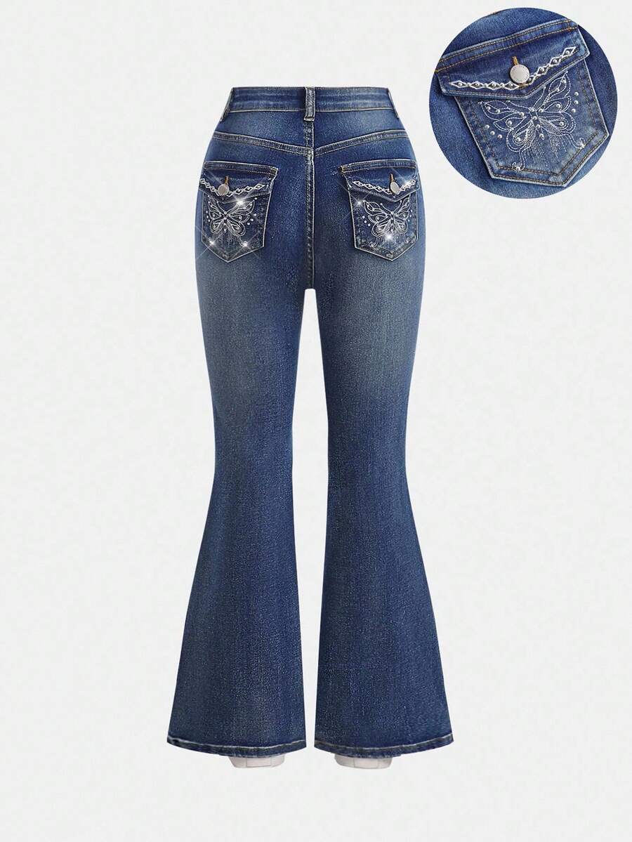 Girlism Teen Girls Casual Washed Rhinestone Embroidered Butterfly Flare Jeans,Back To School Clothes,Fall Kid's  Casual And Comfortable  Wear, 2000s ,Back To School Clothes Winter