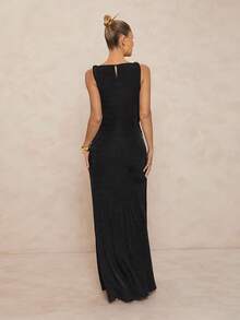 Lumalex 女式船领精致系带无袖A字喇叭裙 - 黑色 - 查看 7