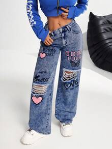 SHEIN PETITE 女式休闲破洞直筒牛仔裤，蓝色印花