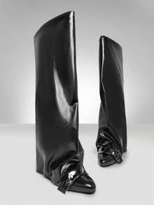 SHUZIA Women's Fashionable Sexy Point Toe Folded Hidden Wedge Boots - Black - View 7