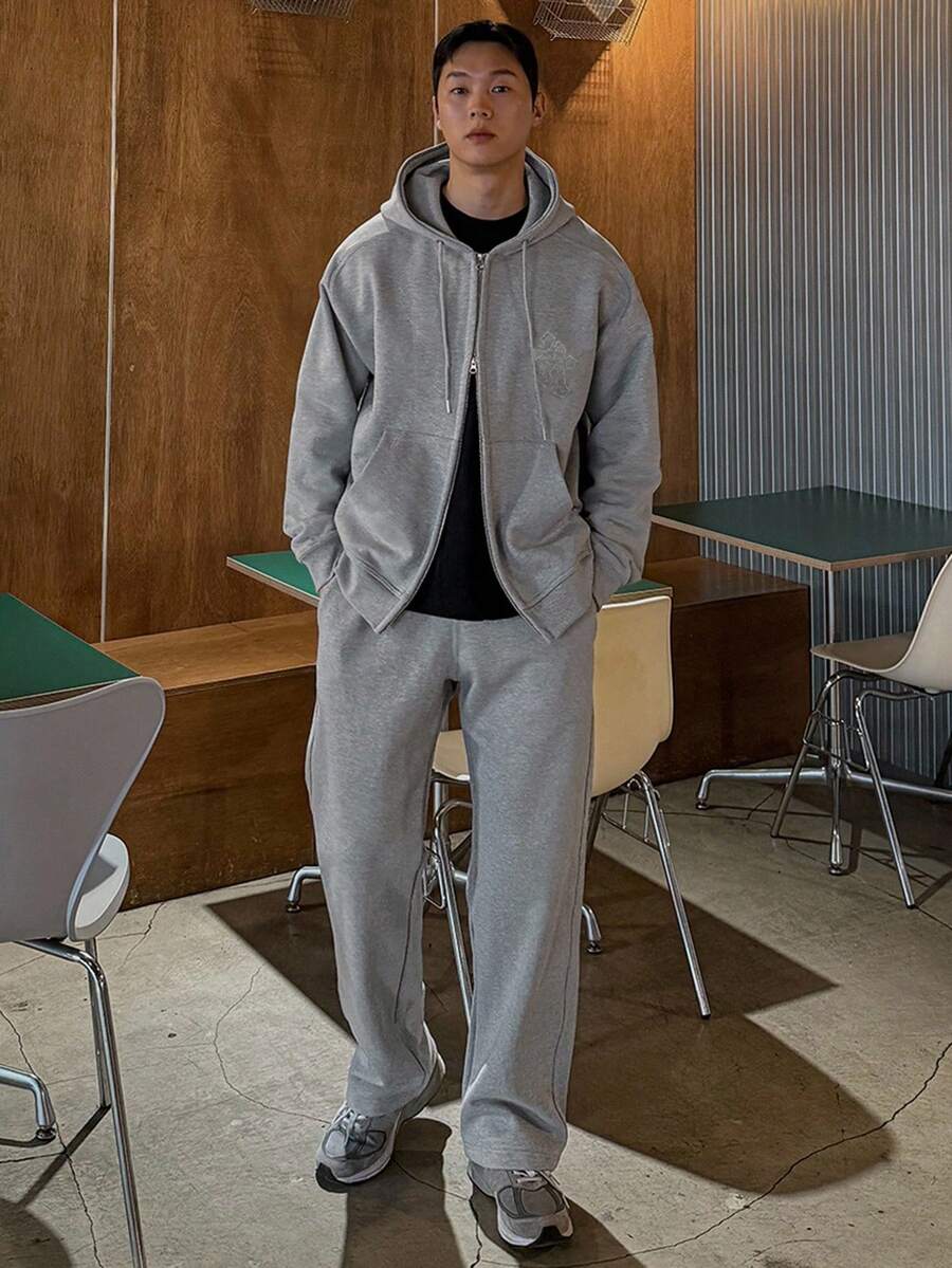 DAZY 男士秋季贴花刺绣设计灰色拉链连帽衫套装