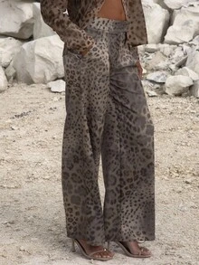 MUSERA Pantalones rectos con detalle de pliegue a medida con estampado de leopardo para ocasión de noche, elegante, otoño, Navidad, Año Nuevo, fiesta