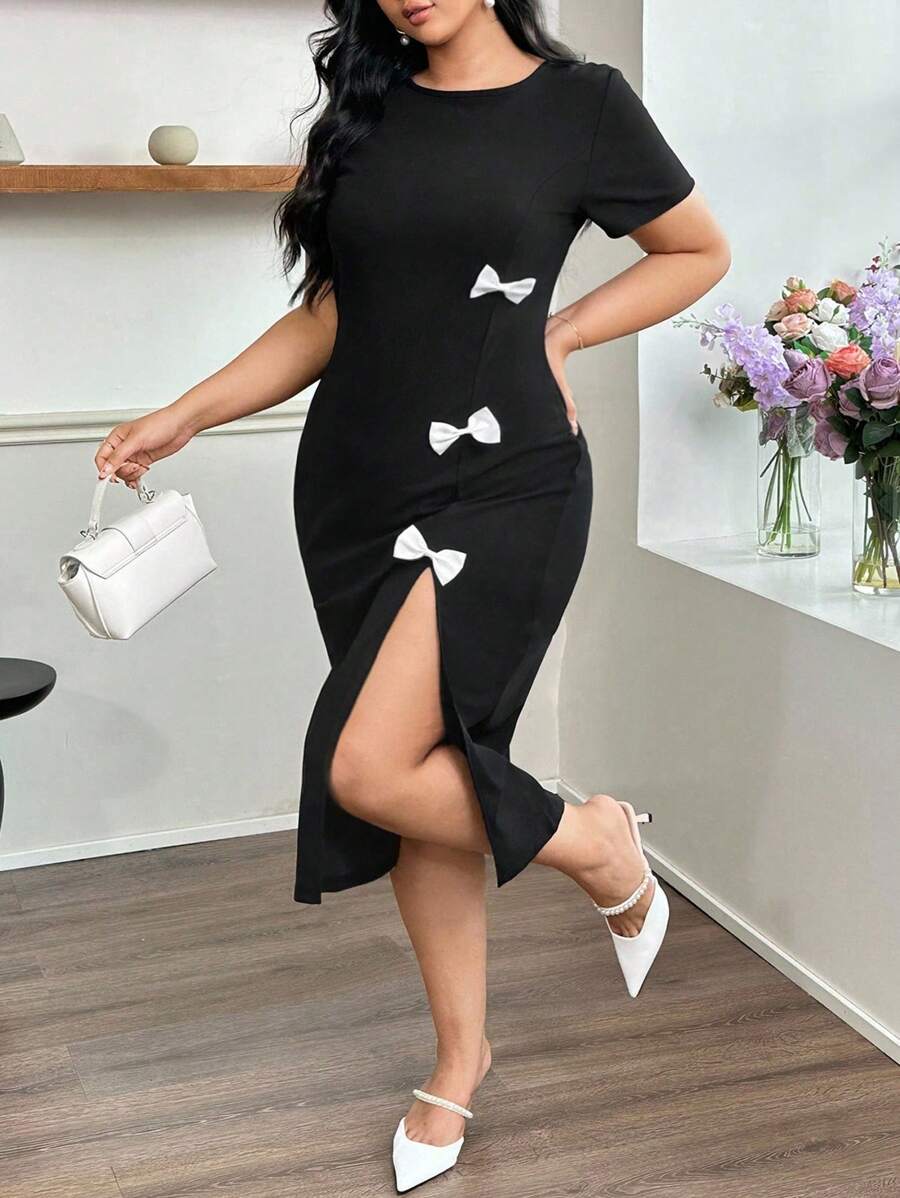 Modelyn Women's Round Neck Short Sleeve 3 Bowknot Fitted Bodycon Elegant Commuter Plus Size Dress - Black - View 1