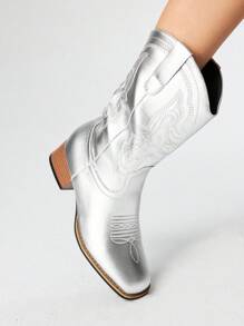 ROMWE Grunge Punk 女士户外时尚刺绣一脚蹬踝靴，2025年春秋季新款时尚西部短靴