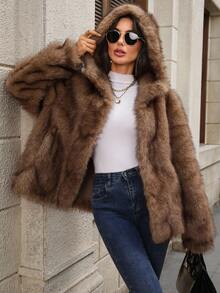 EMERY ROSE Women's Solid Color Long Sleeve Open Front Loose Faux Fur Jacket Winter Coats For Women Winter Clothes For Women Going Out,Fall