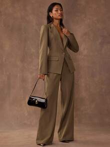 SHEIN BAE 1 套时尚纯色深 V 单排扣修身西装外套和高腰直筒西装裤 - 摩卡棕 - 查看 5