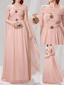 Poshira Vestido elegante de mujer de unicolor con hombros descubiertos y ajustado para la noche - Rosa - Ver 7