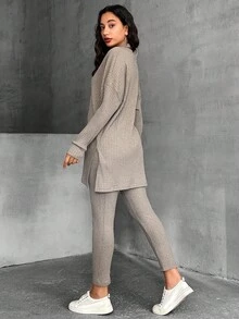 EURMUSE Bộ 3 áo sơ mi dài tay trễ vai màu trơn, áo vest lửng và quần dài thường ngày cho nữ mùa xuân/thu - Màu be - Xem 2