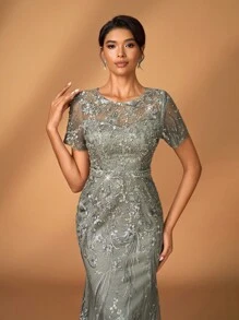 Serin 优雅奢华刺绣蕾丝亮片花卉图案泡泡珍珠透视袖连衣裙，适合婚礼、派对、度假、舞会、晚礼服、新娘母亲 - 灰色 - 查看 6