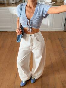 EURMUSE 高腰宽松白色牛仔裤 - 白色 - 查看 7