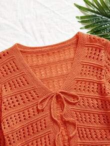 Travachic Áo khoác cardigan dệt kim màu trơn, kiểu dáng thường ngày, họa tiết khoét lỗ, thích hợp cho nữ, kiểu buộc dây phía trước, áo len màu cam, áo cardigan dệt kim hở, phong cách thường ngày cho nữ, mùa thu, thanh lịch, thích hợp đi chơi, sang trọng, áo dệt kim, áo len móc. - trái cam - Xem 5