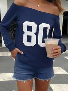 SHEIN 青少年女孩休闲日常时尚斜肩海军蓝长袖 80 字母印花运动衫 - 藏蓝色 - 查看 6