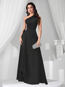 New Fashionable Elegant Slim Fit Asymmetric Neckline Sleeveless Dress - Black - View 3