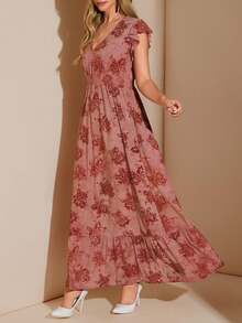 Amorya Women's Elegant Dusty Rose Velvet Burnout Floral Maxi Dress,Autumn Shirred Cap Sleeve Cinched Waist Tea Party Cottagecore Super Long Dress - Dusty Pink - View 5