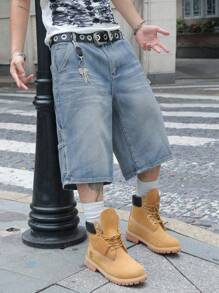 Manfinity EMRG Quần short denim ống rộng 5 điểm đơn giản, dáng rộng, có túi loe dành cho nam - Màu xanh lam - Xem 5