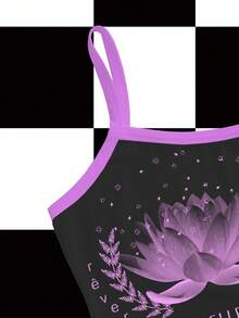 NEARLY THERE Áo ba lỗ lửng họa tiết hoa sen màu đen tương phản Y2K cổ điển gợi cảm, thường ngày, dạo phố, thích hợp cho các bữa tiệc mùa thu/đông, tụ tập và mặc hàng ngày Áo crop top màu tím họa tiết phụ nữ - màu đen - Xem 3