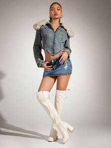 SHUZIA Botas Over-Knee de Plataforma com Bico Quadrado Confortáveis e da Moda para Mulheres - Branco - Visão 3