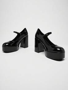 Solezae Zapatos de tacón tipo Mary Jane de plataforma versátiles y clásicos para mujer - Negro - Ver 4