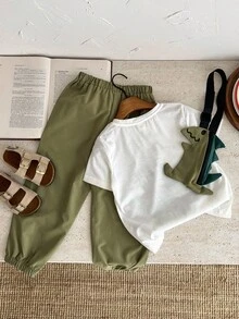 SHEIN 兒童夏季套裝-男童可愛舒適恐龍圖案短袖圓領上衣、編織運動長褲、恐龍造型斜挎包-完美適用於戶外遊玩、派對和街頭時尚 - 彩色 - 查看 2