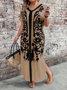 EMERY ROSE Spring Women Plus Size Colorblock Floral Print Short Sleeve Dress