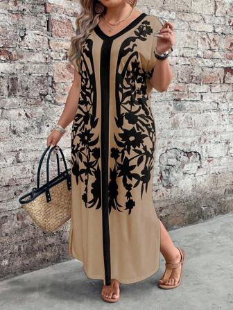 EMERY ROSE Frühlings Damen Kleid in Große Größen mit Farbblock und Blume Muster, Kurzarm