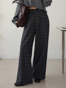 Dazy-Less 女士宽松格子直筒休闲裤，适合商务、办公室、通勤、秋冬季女士正装裤 - 深灰色 - 查看 4