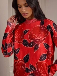 Lilora Red Floral,Autumn,Elegant,Family Casual Print Long Sleeve Sweater,Super Soft Graphic Rose Emory Rose Retro Chic Modest Formal Event Party Date Night - Multicolor - View 7