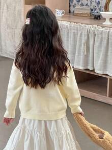 DAZY Young Girls Korean Style Fresh & Cute Bow Contrast Color Long Sleeve Cardigan, Autumn/Winter - Apricot - View 2