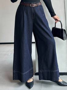 Dazy Plus Plus Size Women Dark Wash Loose Wide Leg Jeans With Visible Seam, All Season - Dark Wash - View 7