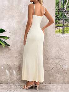 SHEIN LUNE 休闲女士纹理吊带连衣裙，罗纹针织修身吊带裙，秋季婚礼宾客装扮 - 杏色 - 查看 3